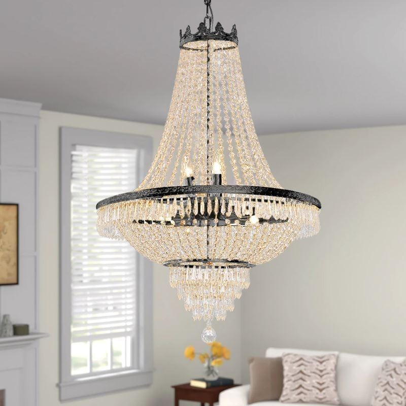 Lámpara colgante clásica de cristal estilo imperio, color negro, 9 luces