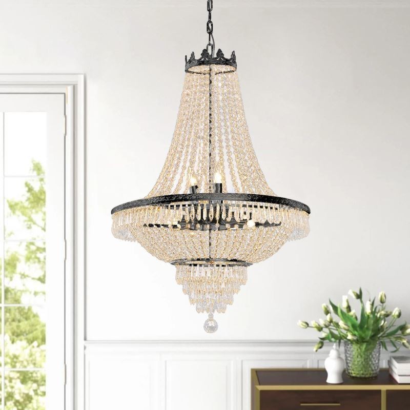Lámpara colgante clásica de cristal estilo imperio, color negro, 9 luces