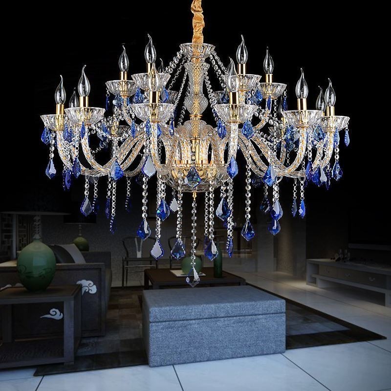 Lámpara colgante de cristal europea de lujo, luz azul
