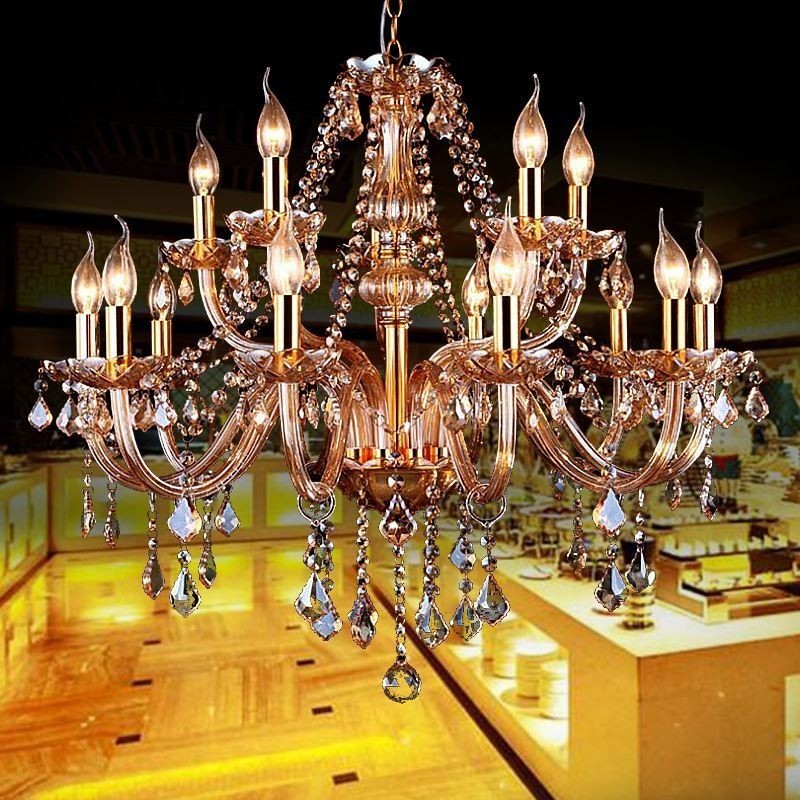 Lámpara colgante de cristal europea, elegante y grande, color ámbar.
