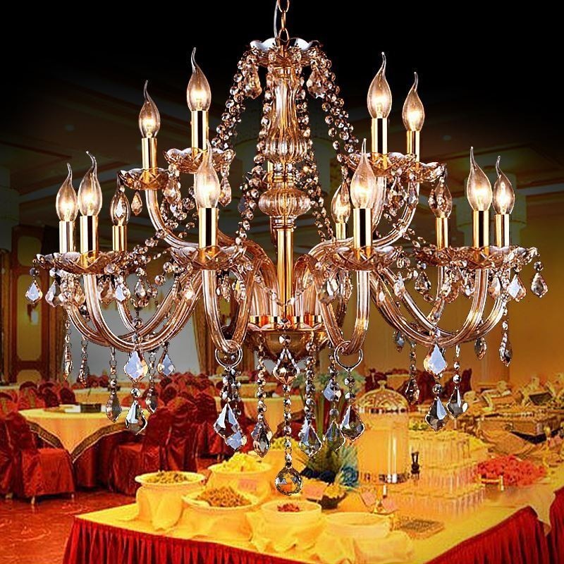 Lámpara colgante de cristal europea, elegante y grande, color ámbar.