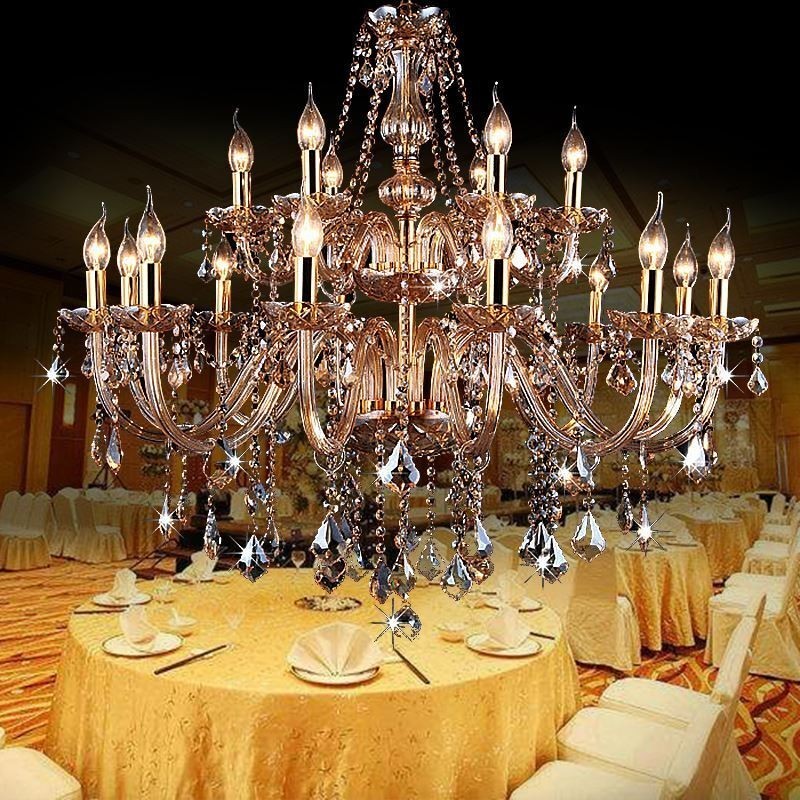 Lámpara colgante de cristal europea, elegante y grande, color ámbar.