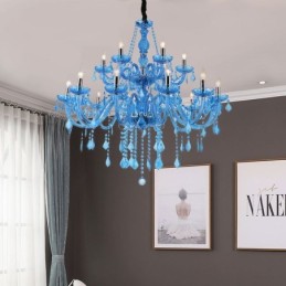 Lámpara colgante europea de cristal grande, color azul, estética