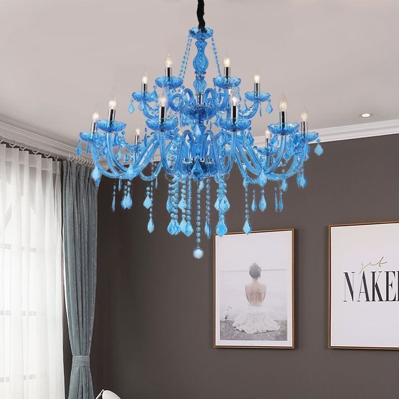 Lámpara colgante europea de cristal grande, color azul, estética