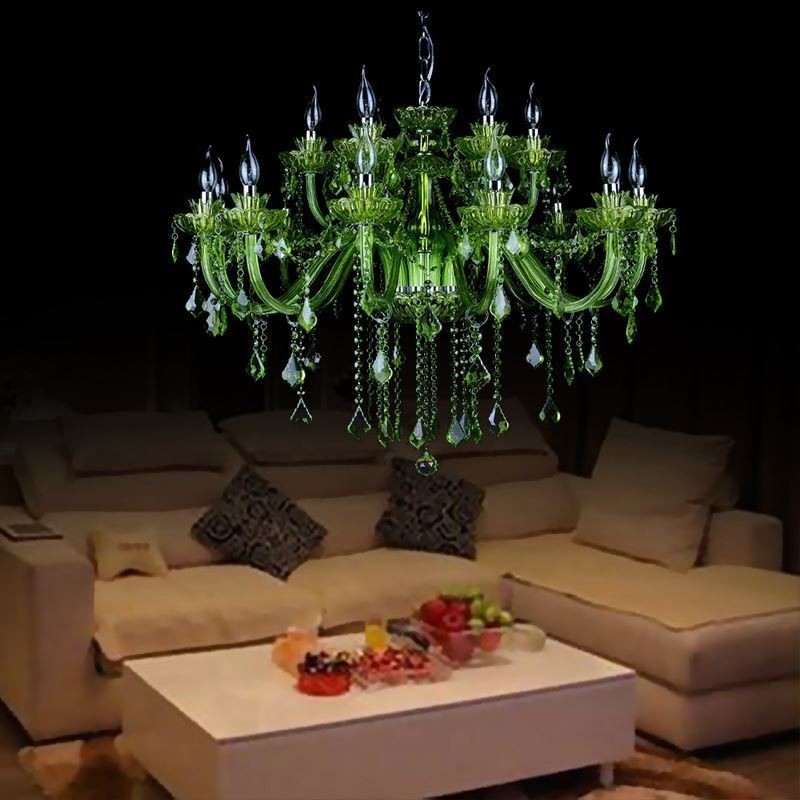 Lámpara colgante estilo europeo de cristal verde con forma de vela