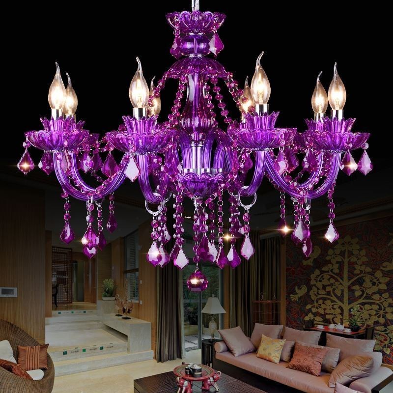 Elegante lámpara de techo de cristal morado, lámpara de araña europea