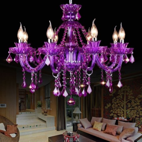 Elegante lámpara de techo de cristal morado, lámpara de araña europea Elegante lámpara de techo de cristal morado, lámpara de araña europea