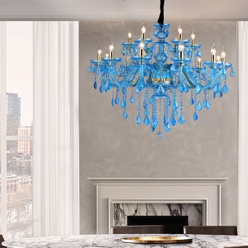 Lámpara colgante europea de gran tamaño de cristal azul