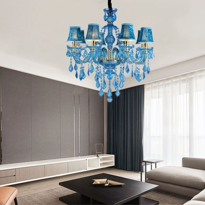 Lámpara colgante europea de gran tamaño de cristal azul
