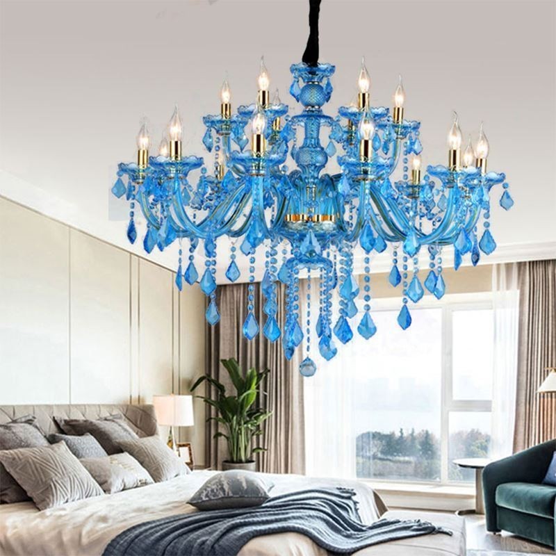 Lámpara colgante europea de gran tamaño de cristal azul