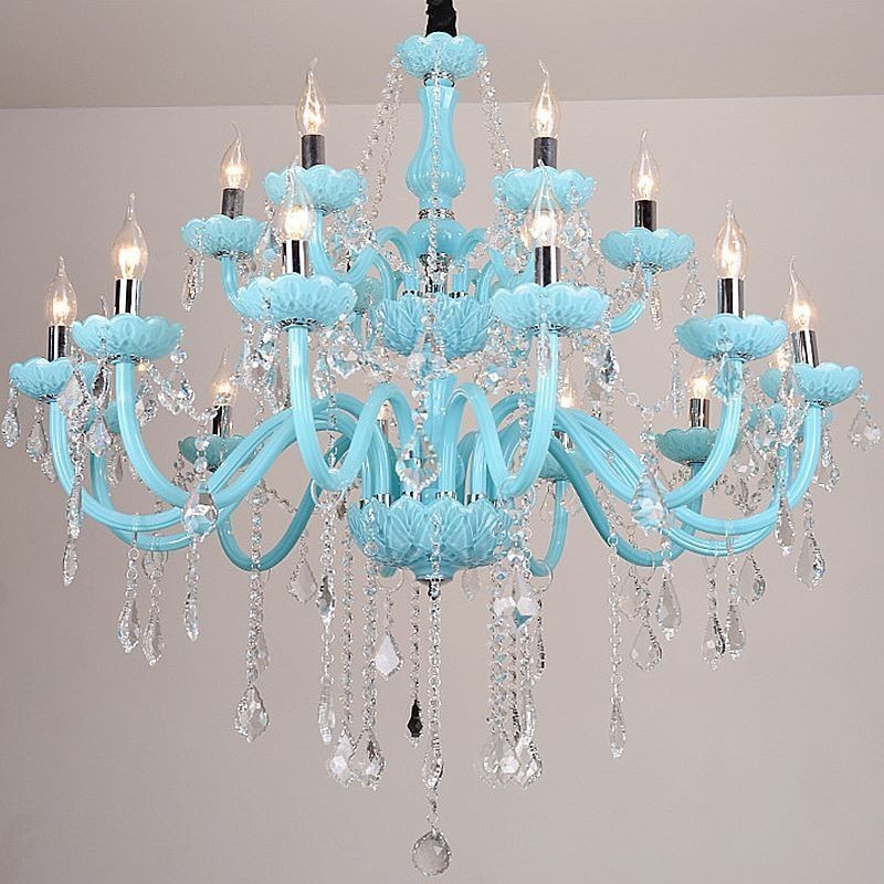 Lámpara colgante europea de cristal grande de color azul