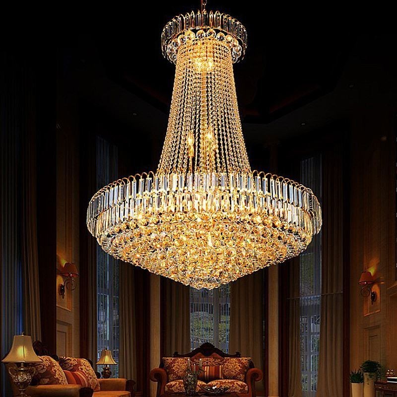Elegante lámpara colgante de cristal europea, lámpara colgante larga, escalera dúplex
