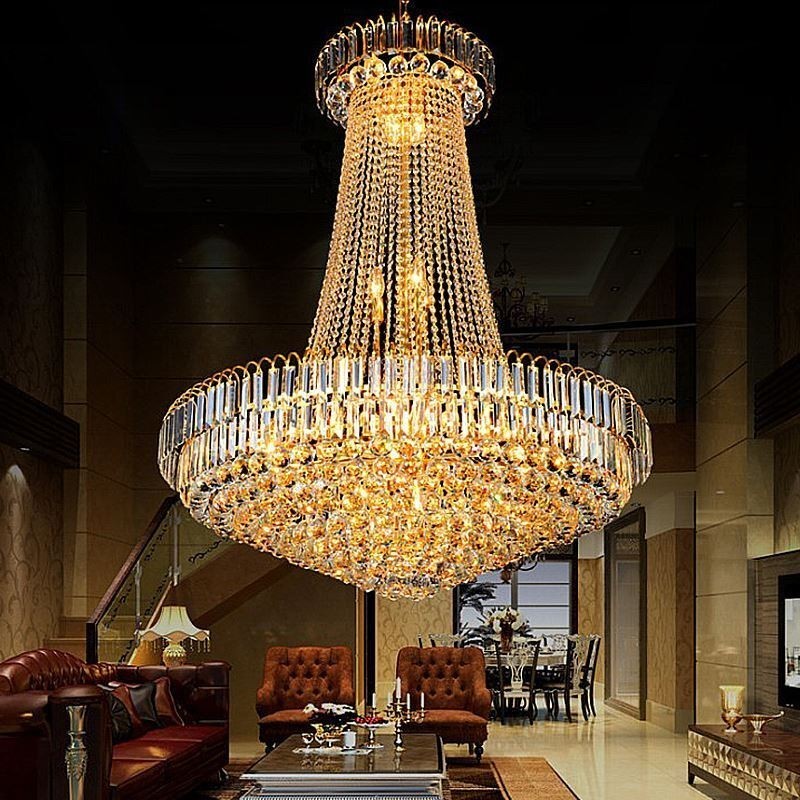 Elegante lámpara colgante de cristal europea, lámpara colgante larga, escalera dúplex