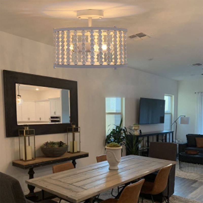 Lámpara de techo de 3 luces con cuentas de madera para vestíbulo