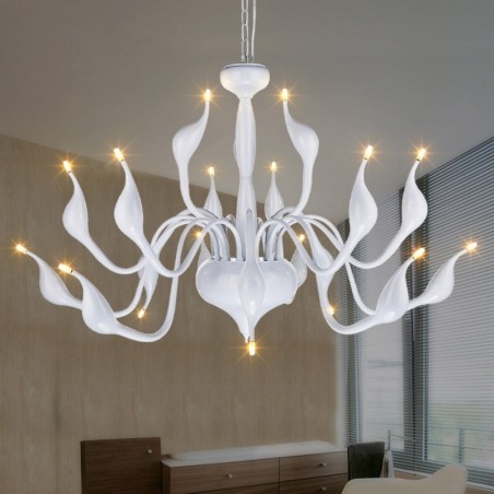 Lámpara de araña de cisne posmoderna de 18 luces de acero inoxidable G4 con acabado blanco Lámpara de araña de cisne posmoderna de 18 luces de acero inoxidable G4 con acabado blanco