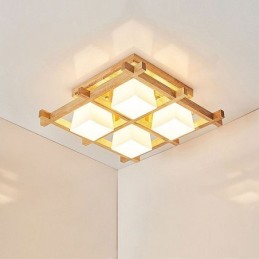 Lámpara de techo empotrada de madera de caucho con rejilla cuadrada nórdica