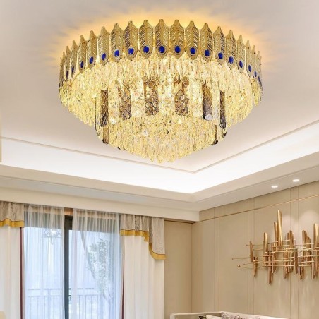 Lámpara de techo decorativa de lujo con forma de cola de fénix, redonda, galvanizada y de cristal Lámpara de techo decorativa de lujo con forma de cola de fénix, redonda, galvanizada y de cristal
