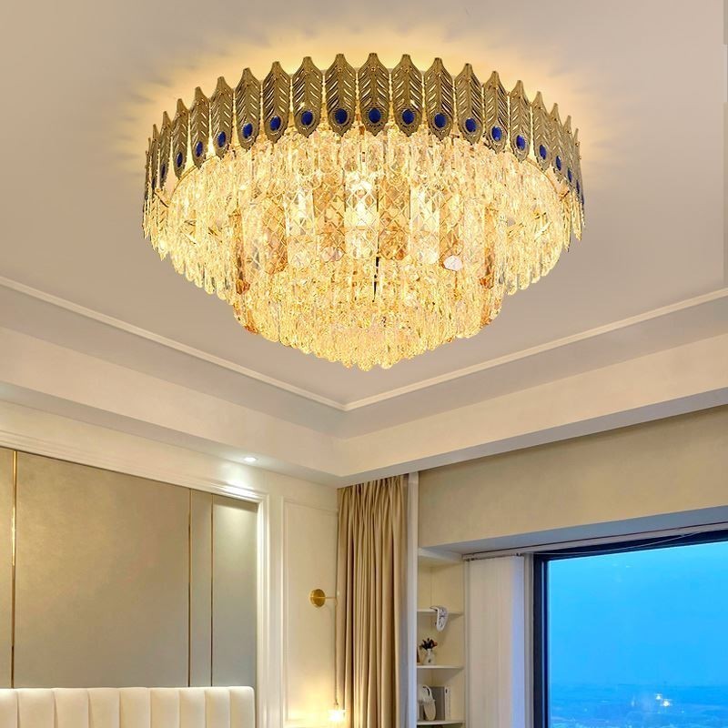Lámpara de techo decorativa de lujo con forma de cola de fénix, redonda, galvanizada y de cristal