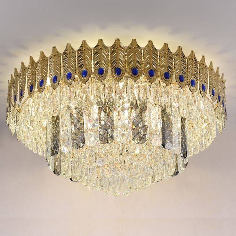 Lámpara de techo decorativa de lujo con forma de cola de fénix, redonda, galvanizada y de cristal