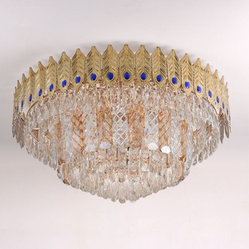 Lámpara de techo decorativa de lujo con forma de cola de fénix, redonda, galvanizada y de cristal