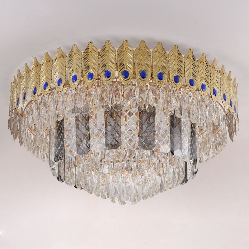 Lámpara de techo decorativa de lujo con forma de cola de fénix, redonda, galvanizada y de cristal