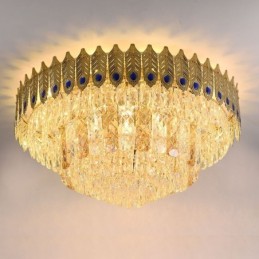 Lámpara de techo decorativa de lujo con forma de cola de fénix, redonda, galvanizada y de cristal