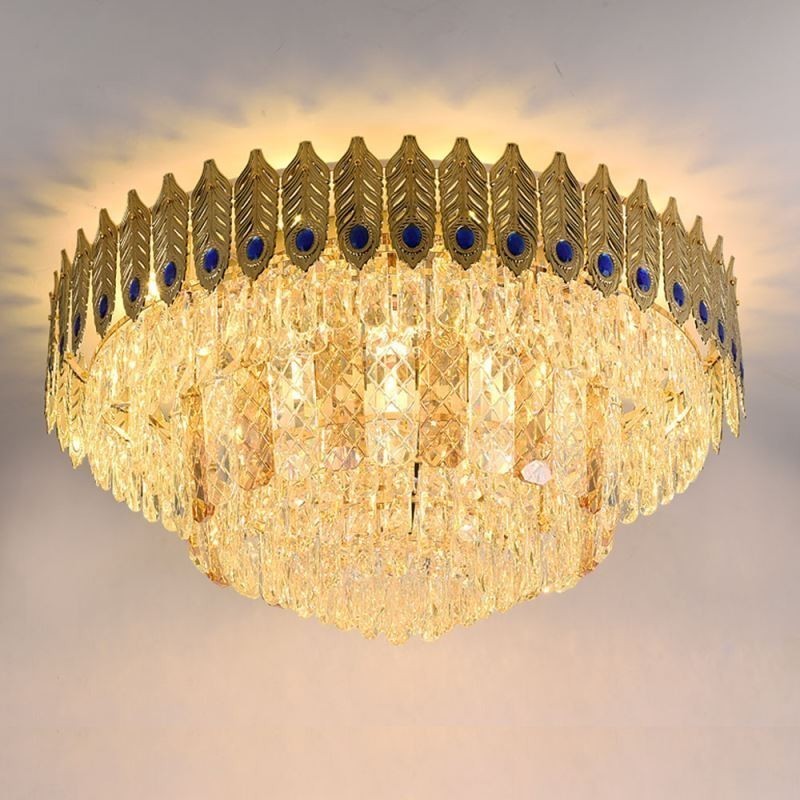 Lámpara de techo decorativa de lujo con forma de cola de fénix, redonda, galvanizada y de cristal