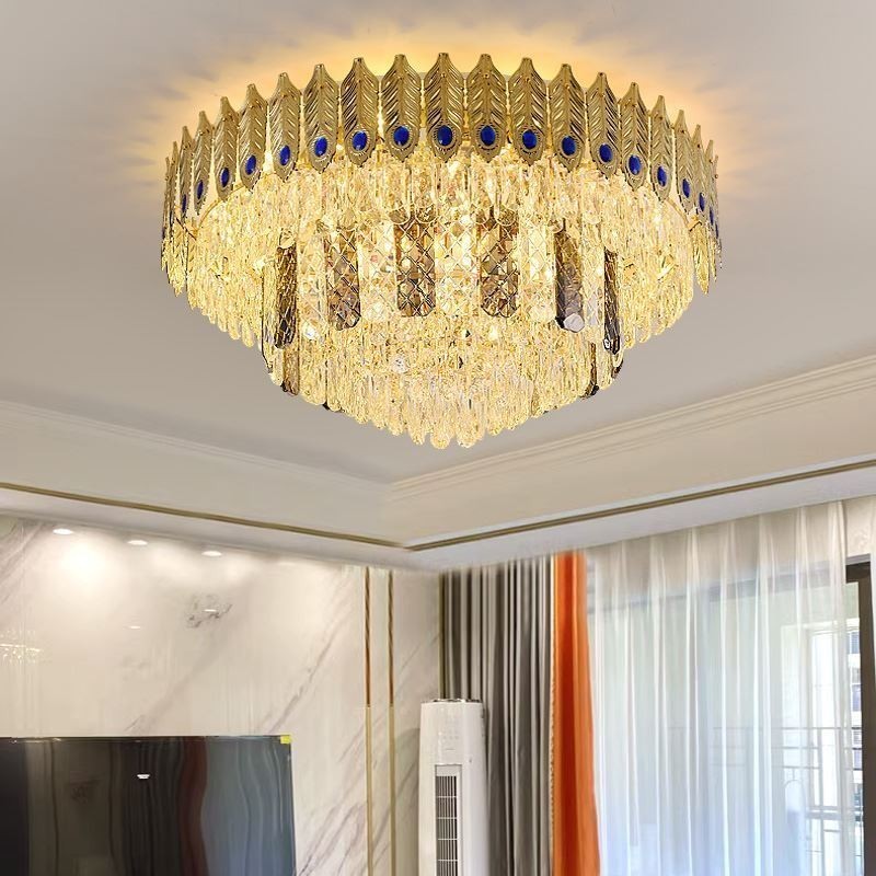 Lámpara de techo decorativa de lujo con forma de cola de fénix, redonda, galvanizada y de cristal