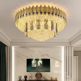Lámpara de techo decorativa de lujo con forma de cola de fénix, redonda, galvanizada y de cristal