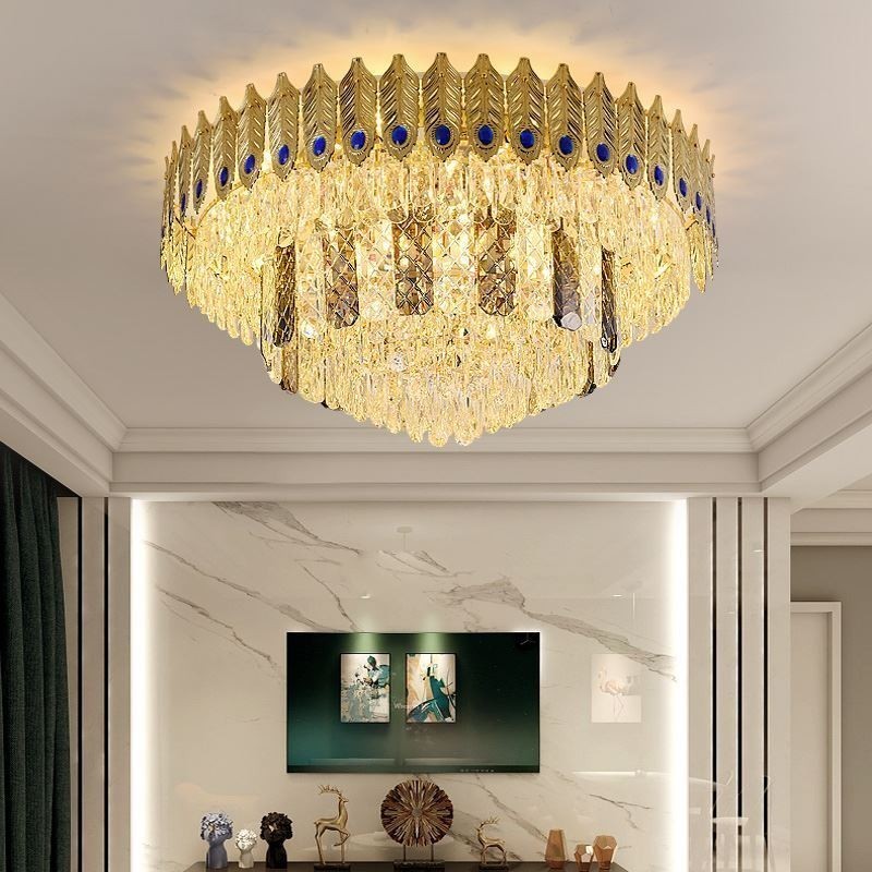 Lámpara de techo decorativa de lujo con forma de cola de fénix, redonda, galvanizada y de cristal