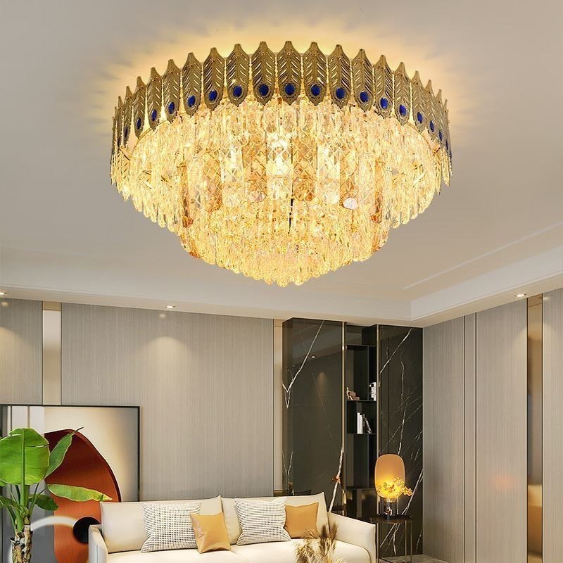 Lámpara de techo decorativa de lujo con forma de cola de fénix, redonda, galvanizada y de cristal