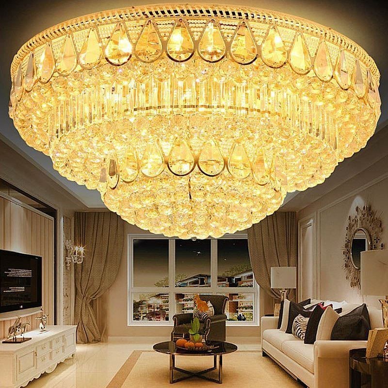 Lámpara de techo de cristal de lujo con montaje empotrado, luz redonda