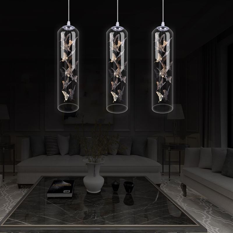 Lámpara colgante de cristal con forma de mariposa y cilindro nórdico creativo