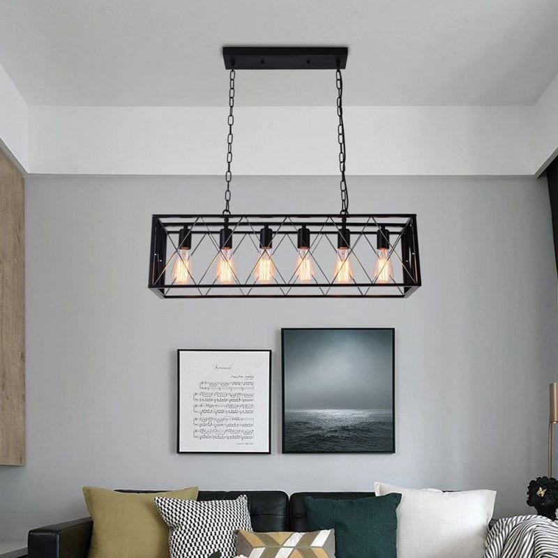 Lámpara colgante rústica rectangular de 6 luces estilo granja