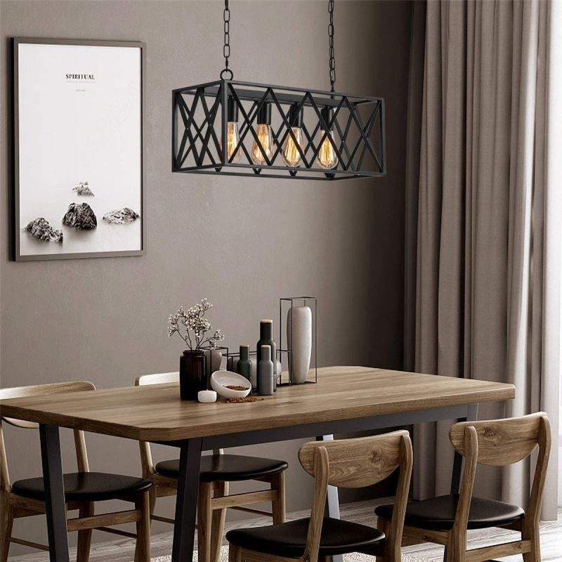 Lámpara colgante rústica rectangular de 4 luces estilo granja