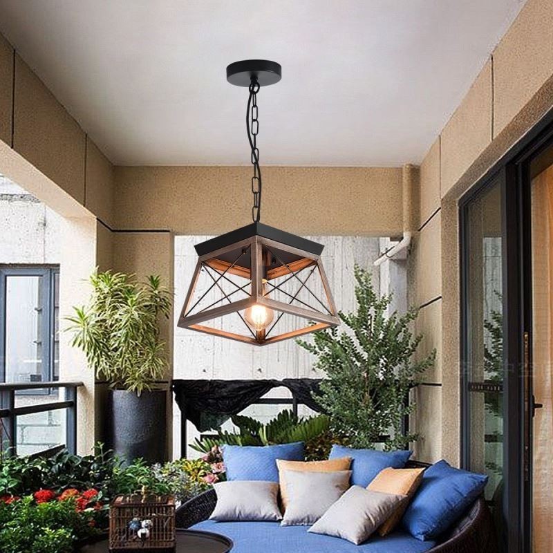 Lámpara colgante trapezoidal vintage de metal negro