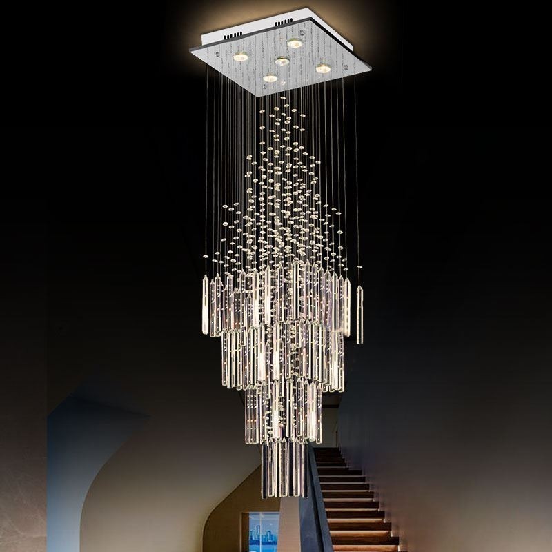 Lámpara de araña de cristal cuadrada moderna, elegante y contemporánea, lámpara de techo dúplex para escalera