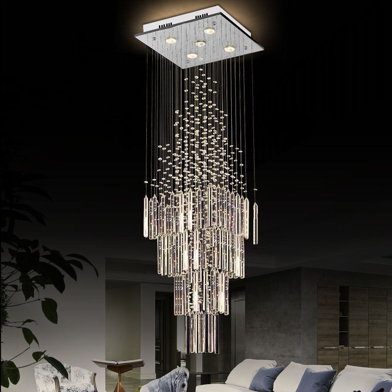 Lámpara de araña de cristal cuadrada moderna, elegante y contemporánea, lámpara de techo dúplex para escalera