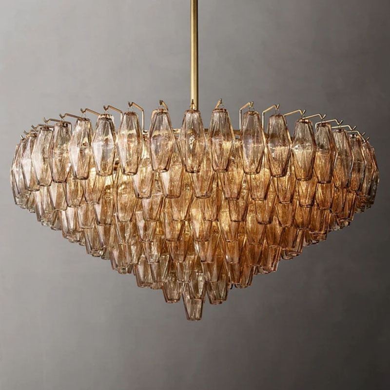 Lámpara colgante americana de cristal, color ámbar transparente, 90 cm, 14 luces