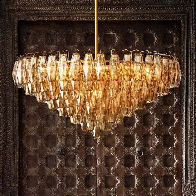 Lámpara colgante americana de cristal, color ámbar transparente, 90 cm, 14 luces