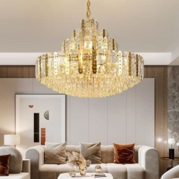 Lámpara colgante de cristal de lujo con lámina de hierro dorada calada – Ideal para el cuarto piso