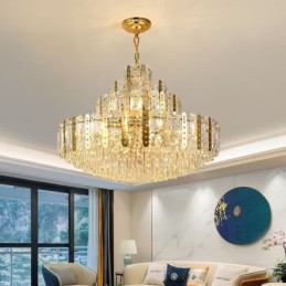 Lámpara colgante de cristal de lujo con lámina de hierro dorada calada – Ideal para el cuarto piso