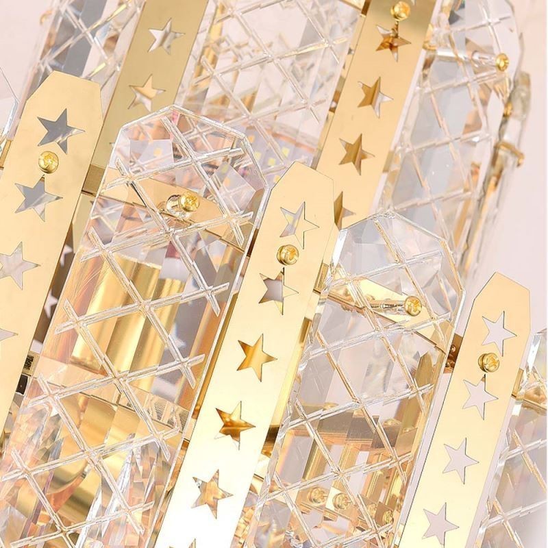Lámpara colgante de cristal de lujo con lámina de hierro dorada calada – Ideal para el cuarto piso