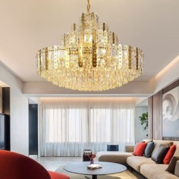 Lámpara colgante de cristal de lujo con lámina de hierro dorada calada – Ideal para el cuarto piso