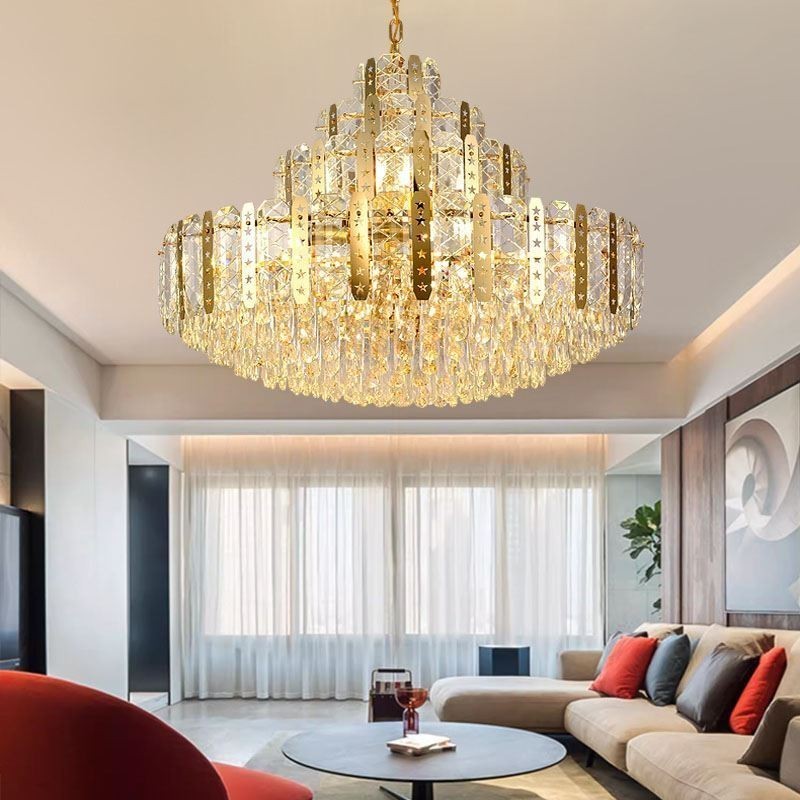 Lámpara colgante de cristal de lujo con lámina de hierro dorada calada – Ideal para el cuarto piso