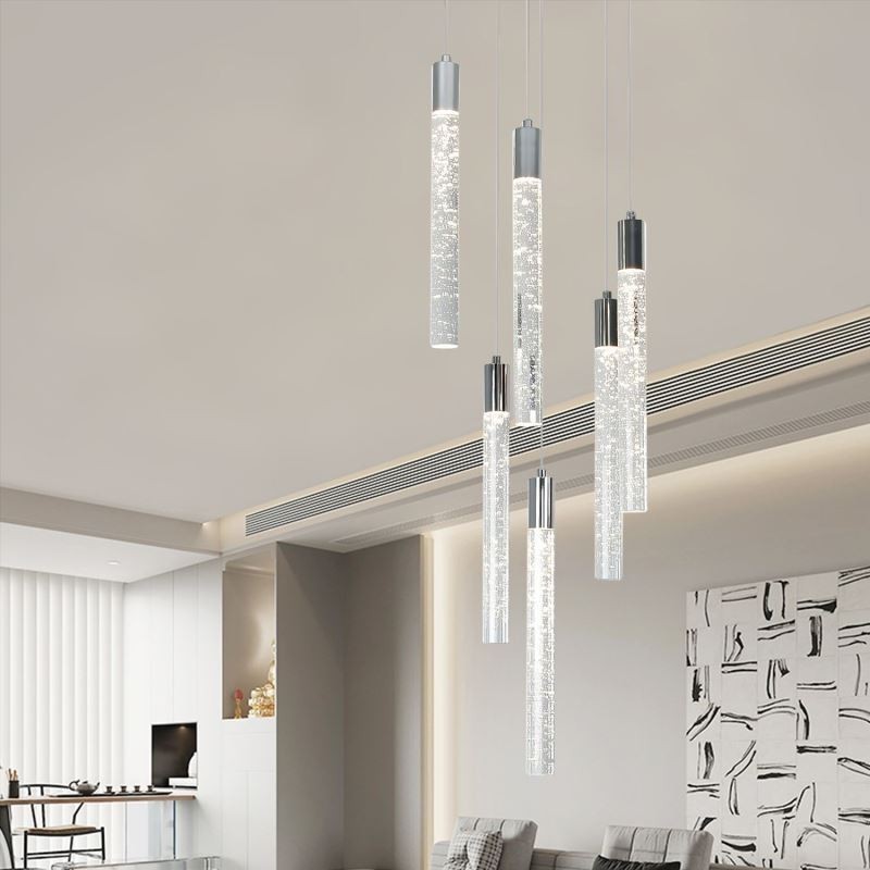 Lámpara colgante de techo con columna de cristal cromado