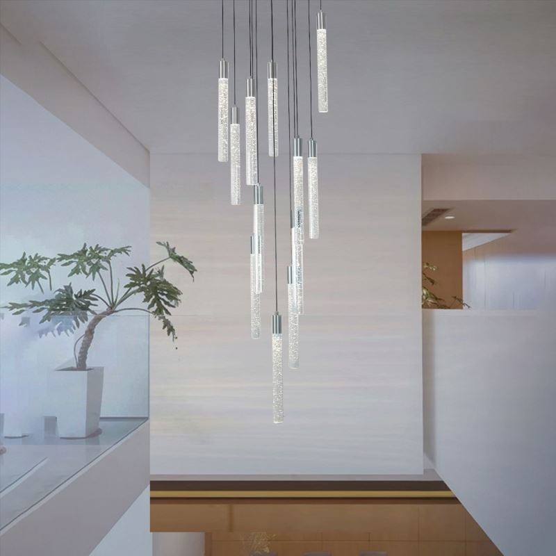 Lámpara colgante de techo con columna de cristal cromado