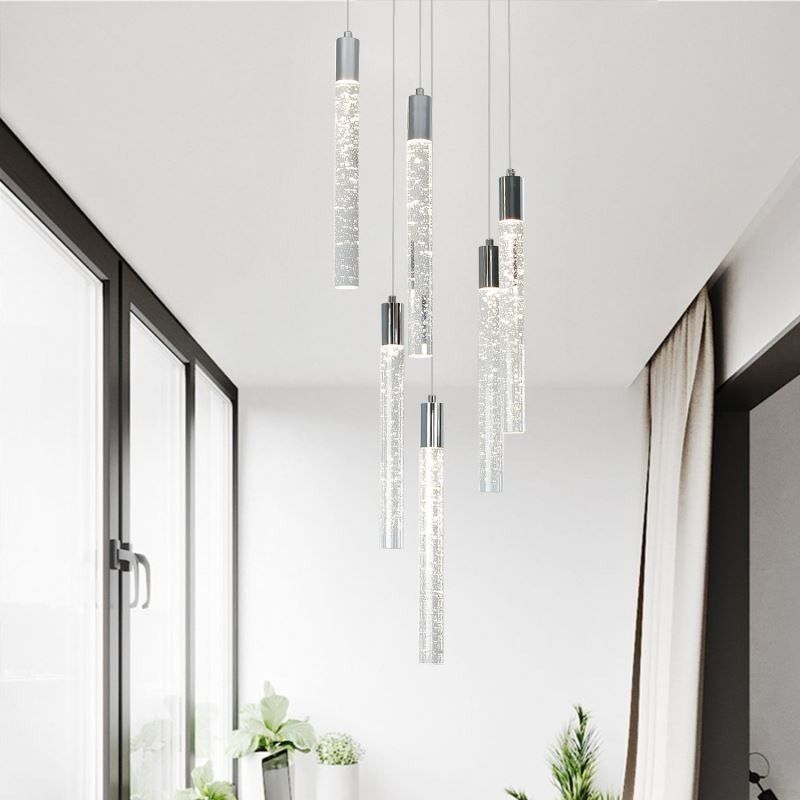 Lámpara colgante de techo con columna de cristal cromado