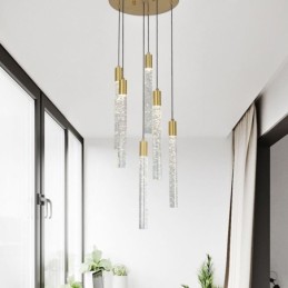 Lámpara colgante de techo con columna de cristal de cobre