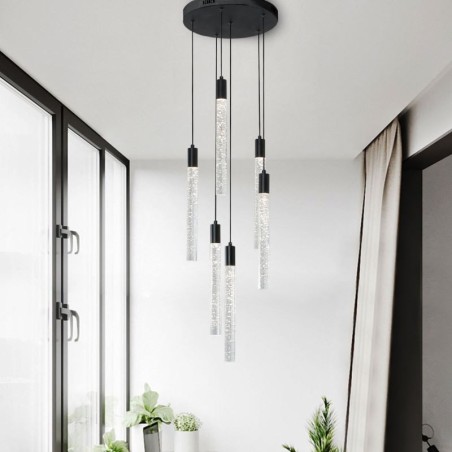Lámpara colgante de cristal negro con forma de columna y luz de techo Lámpara colgante de cristal negro con forma de columna y luz de techo
